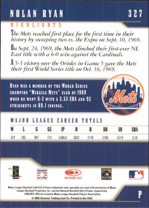 2003 Donruss Team Heroes #327 Nolan Ryan Mets back image