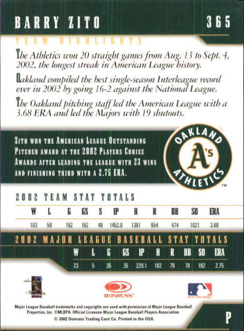 2003 Donruss Team Heroes #365 Barry Zito back image