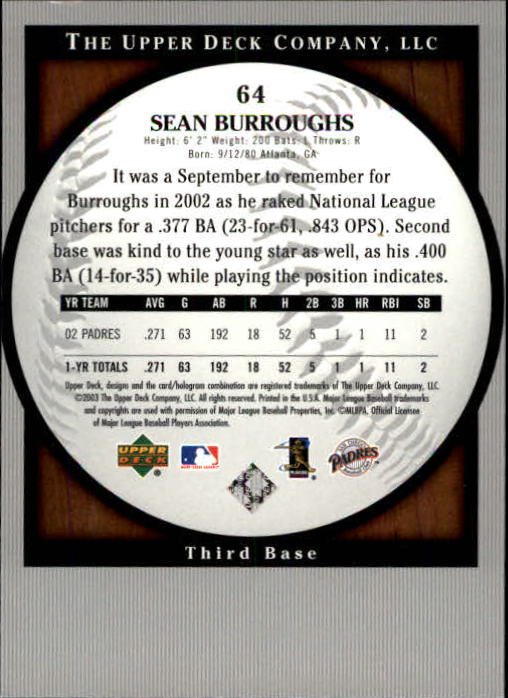 2003 Upper Deck Standing O #64 Sean Burroughs back image
