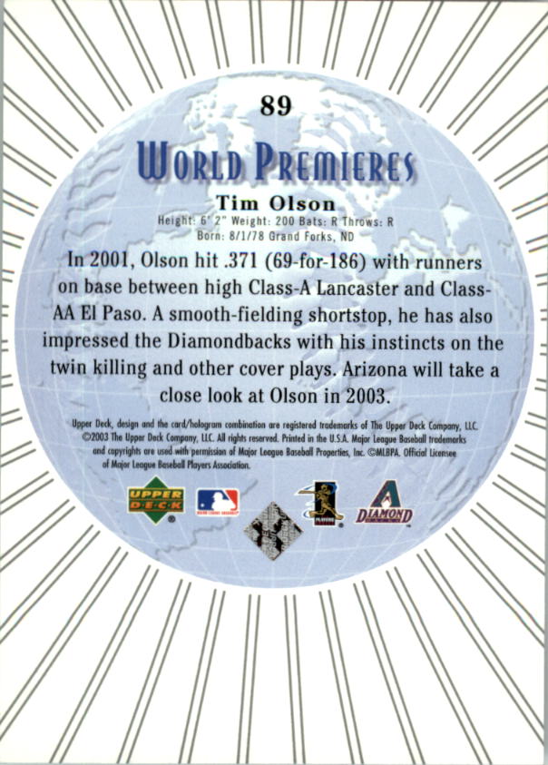 2003 Upper Deck Standing O #89 Tim Olson WP RC back image