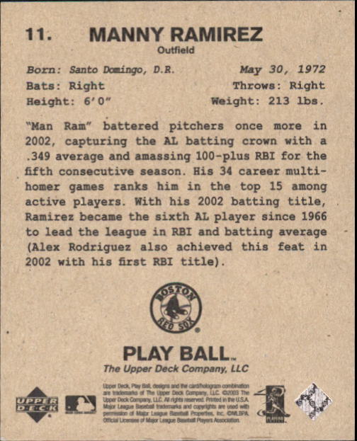 2003 Upper Deck Play Ball 1941 Series #11 Manny Ramirez back image