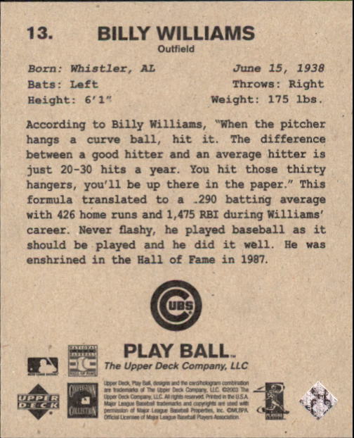 2003 Upper Deck Play Ball 1941 Series #13 Billy Williams back image