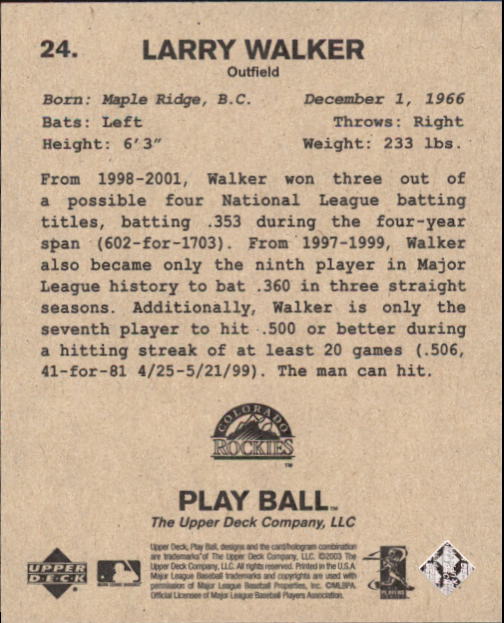 2003 Upper Deck Play Ball 1941 Series #24 Larry Walker back image