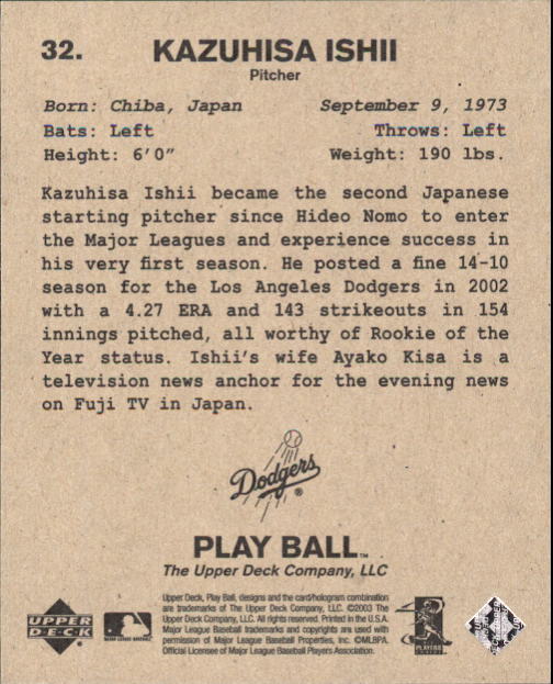 2003 Upper Deck Play Ball 1941 Series #32 Kazuhisa Ishii back image