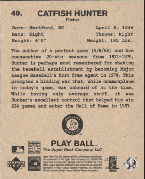 2003 Upper Deck Play Ball 1941 Series #49 Catfish Hunter back image