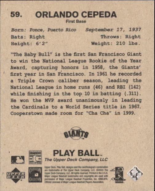 2003 Upper Deck Play Ball 1941 Series #59 Orlando Cepeda back image