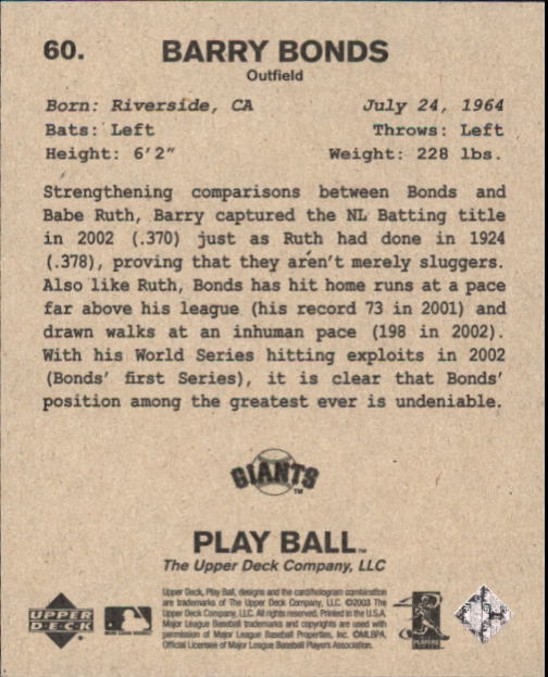 2003 Upper Deck Play Ball 1941 Series #60 Barry Bonds back image