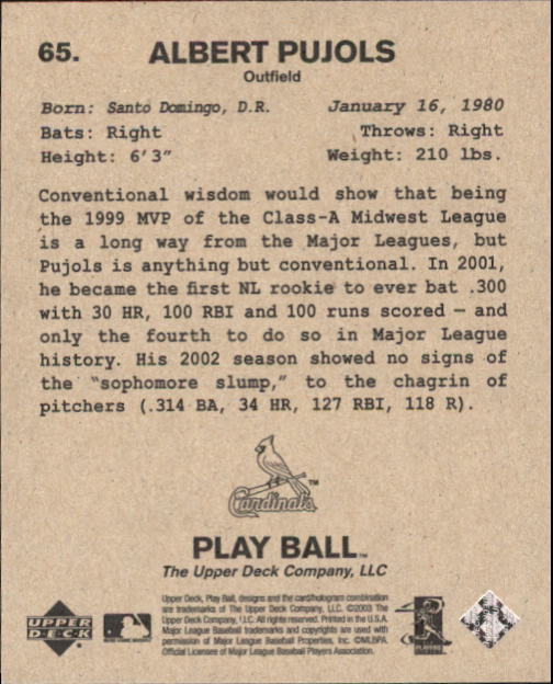2003 Upper Deck Play Ball 1941 Series #65 Albert Pujols back image