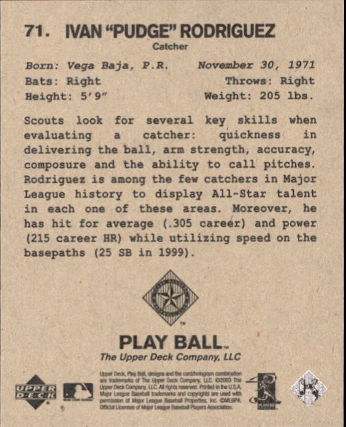 2003 Upper Deck Play Ball 1941 Series #71 Ivan Rodriguez back image