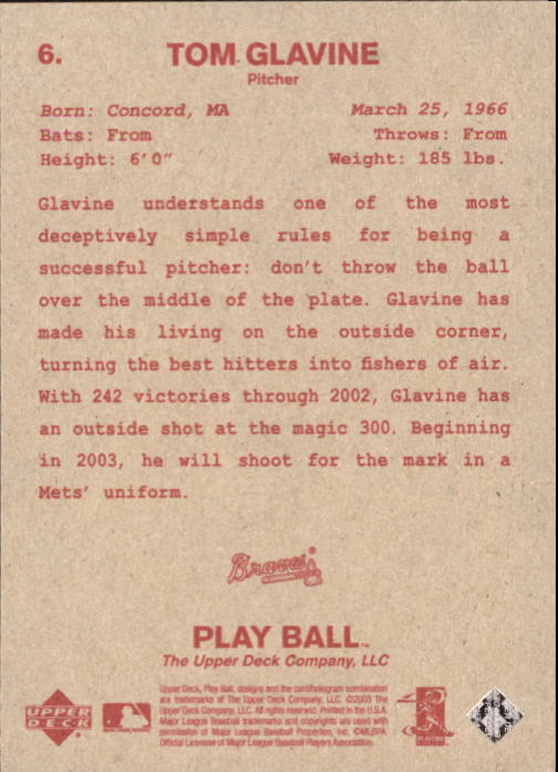 2003 Upper Deck Play Ball Red Backs #6 Tom Glavine back image