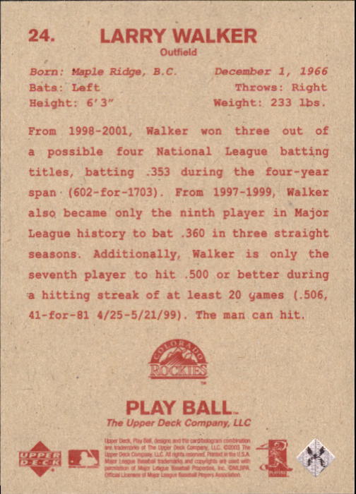 2003 Upper Deck Play Ball Red Backs #24 Larry Walker back image