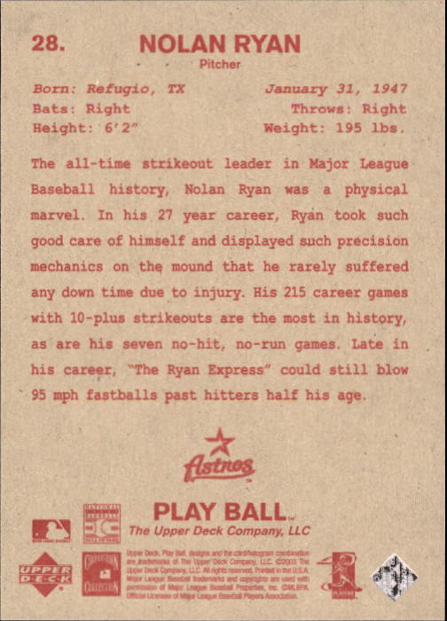 2003 Upper Deck Play Ball Red Backs #28 Nolan Ryan back image