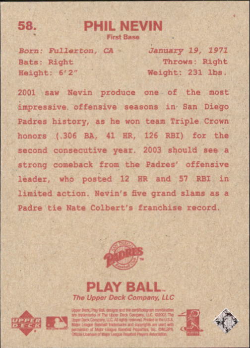 2003 Upper Deck Play Ball Red Backs #58 Phil Nevin back image