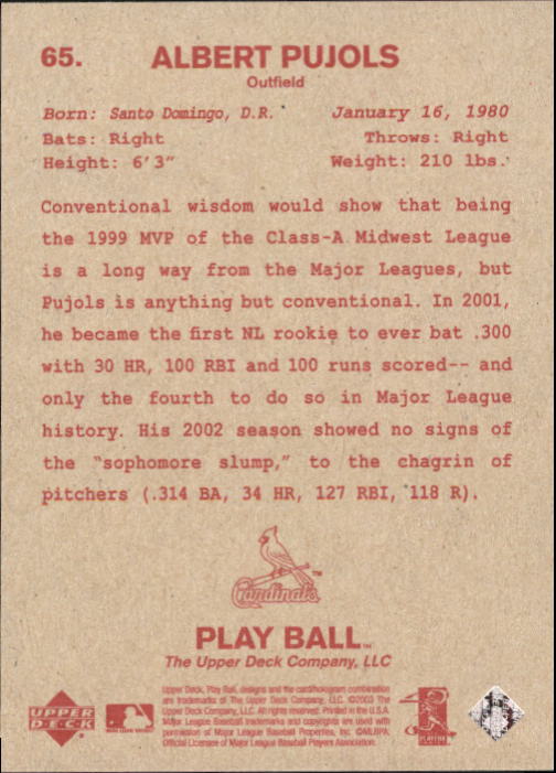 2003 Upper Deck Play Ball Red Backs #65 Albert Pujols back image
