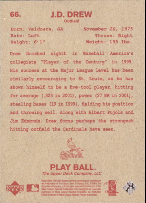 2003 Upper Deck Play Ball Red Backs #66 J.D. Drew back image