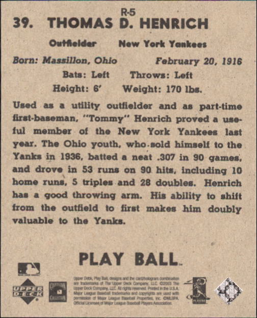 2003 Upper Deck Play Ball 1941 Reprints #R5 Tommy Henrich back image