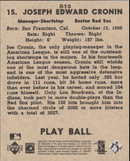 2003 Upper Deck Play Ball 1941 Reprints #R10 Joe Cronin back image