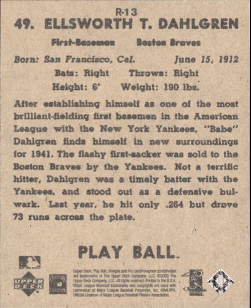 2003 Upper Deck Play Ball 1941 Reprints #R13 Babe Dahlgren back image