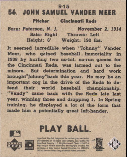 2003 Upper Deck Play Ball 1941 Reprints #R15 Johnny VanderMeer back image