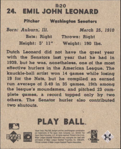 2003 Upper Deck Play Ball 1941 Reprints #R20 Dutch Leonard back image