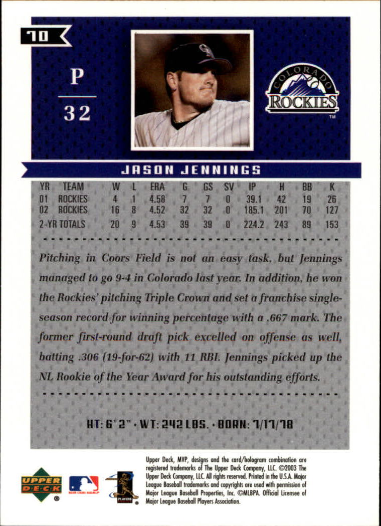2003 Upper Deck MVP #70 Jason Jennings back image