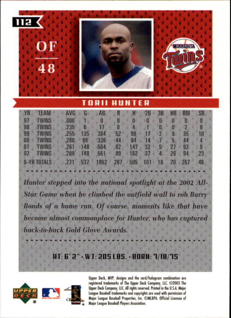 2003 Upper Deck MVP #112 Torii Hunter back image
