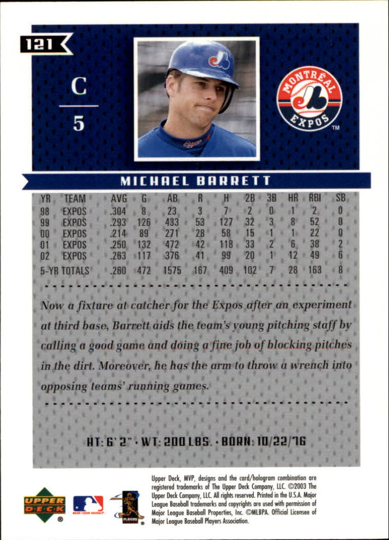2003 Upper Deck MVP #121 Michael Barrett back image