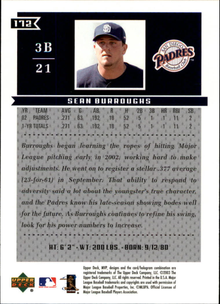 2003 Upper Deck MVP #172 Sean Burroughs back image