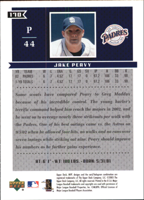2003 Upper Deck MVP Gold #170 Jake Peavy back image