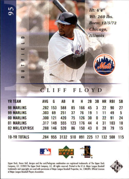 2003 Upper Deck Honor Roll #95 Cliff Floyd back image