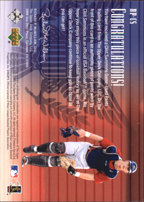 2003 Upper Deck National Pride Memorabilia #CS Clint Sammons back image