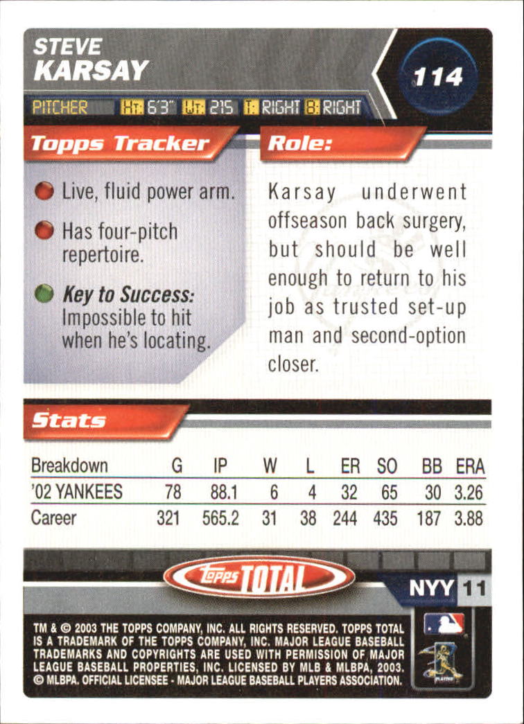 2003 Topps Total #114 Steve Karsay back image