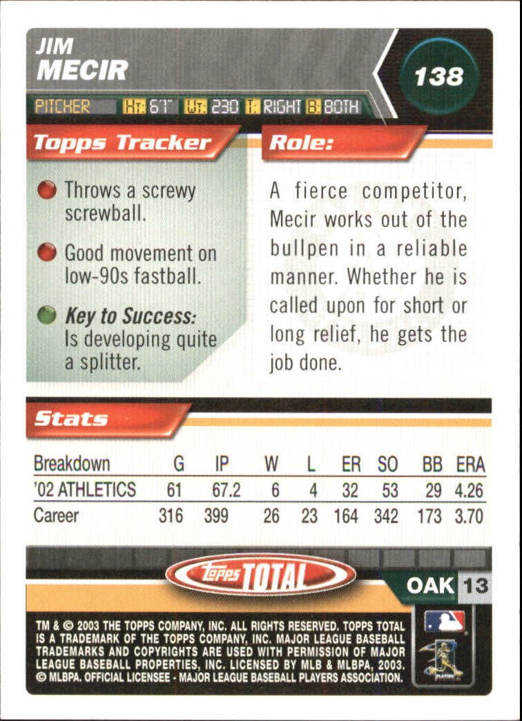 A9006- 2003 Topps Total Baseball Card #s 1-250 -You Pick- 15+ FREE US SHIP - Picture 237 of 480