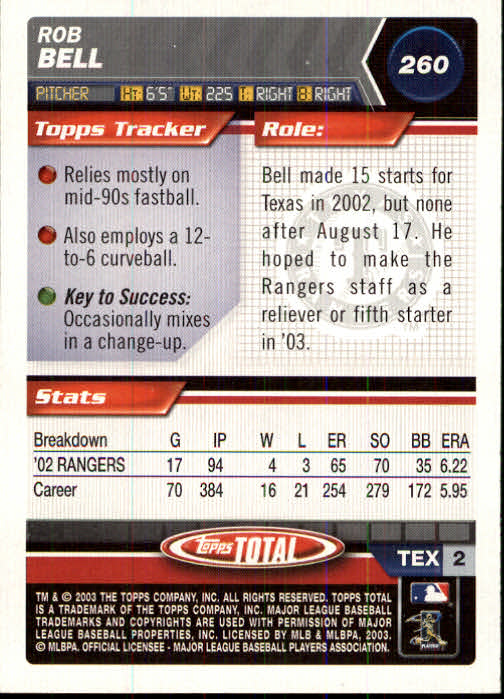 2003 Topps Total #260 Rob Bell back image