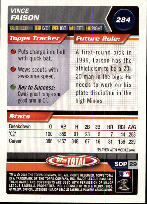 2003 Topps Total #284 Vince Faison back image