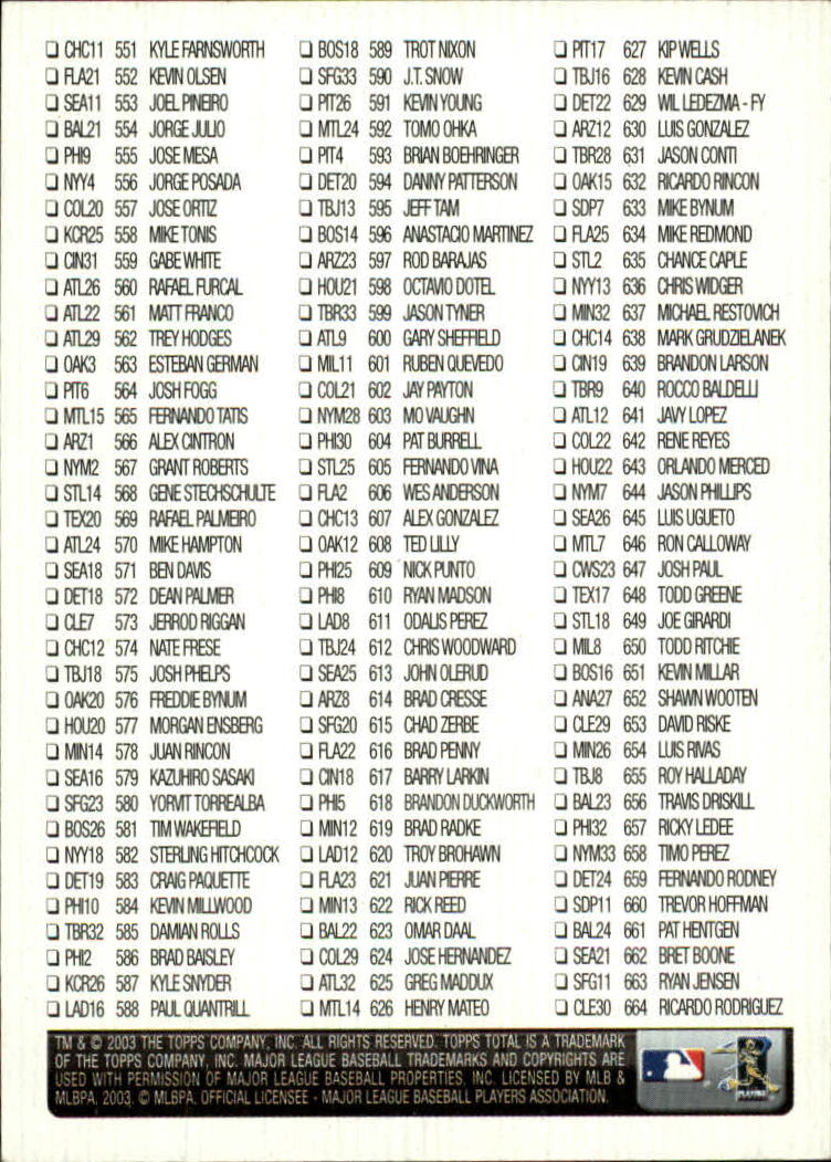 A9006- 2003 Topps Total Baseball Assorted Inserts -You Pick- 15+ FREE US SHIP - Picture 84 of 255