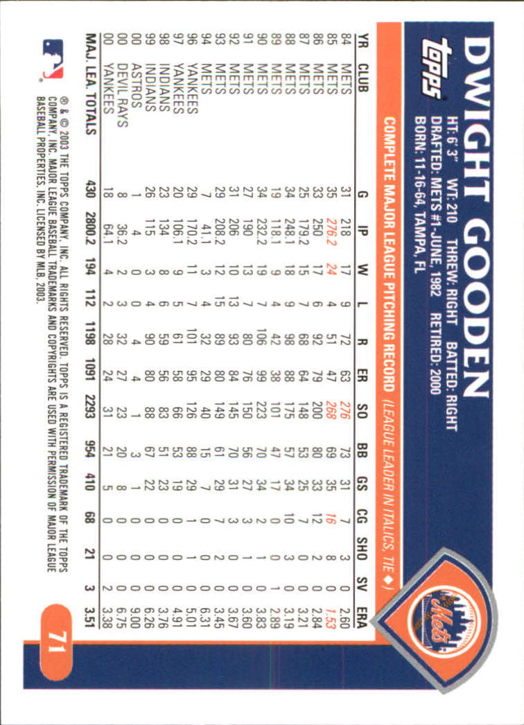 2003 Topps Retired Signature #71 Dwight Gooden back image