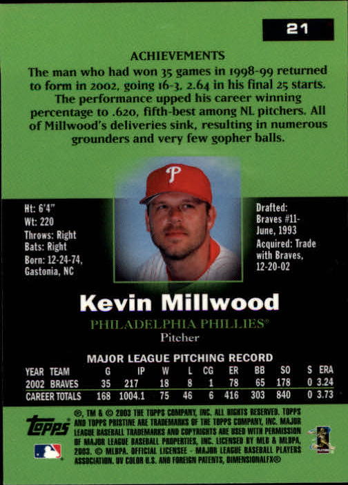 2003 Topps Pristine #21 Kevin Millwood back image