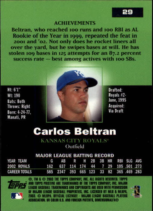 2003 Topps Pristine #29 Carlos Beltran back image
