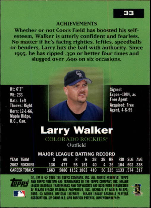 2003 Topps Pristine #33 Larry Walker back image