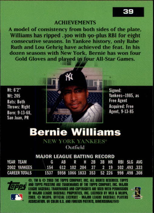 2003 Topps Pristine #39 Bernie Williams back image