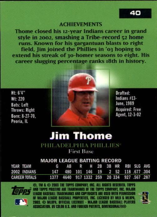 2003 Topps Pristine #40 Jim Thome back image