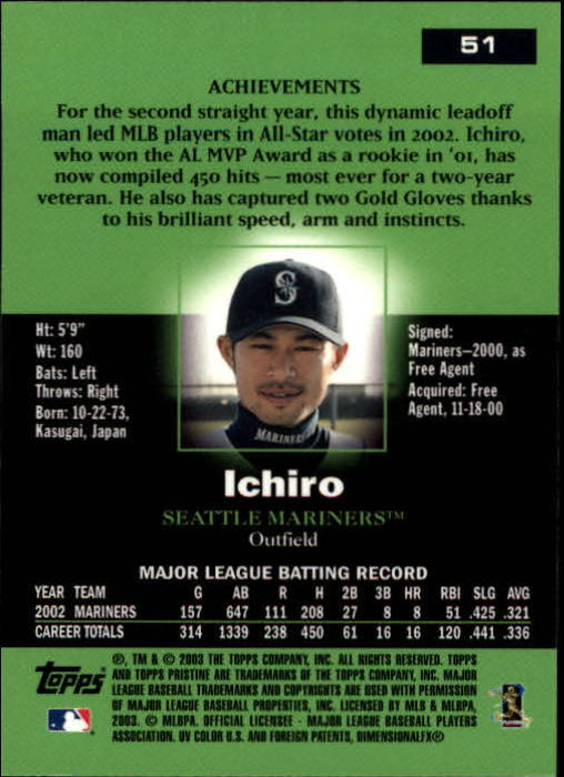 2003 Topps Pristine #51 Ichiro Suzuki back image