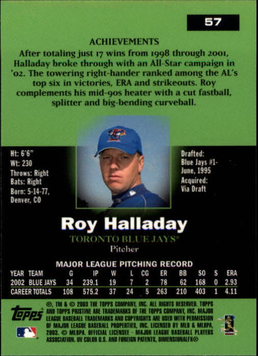 2003 Topps Pristine #57 Roy Halladay back image