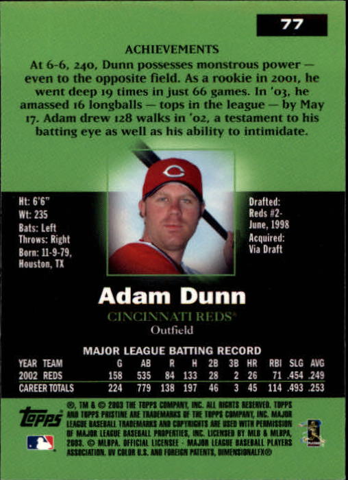 2003 Topps Pristine #77 Adam Dunn back image