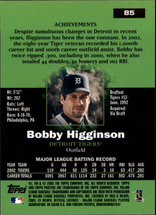 2003 Topps Pristine #85 Bobby Higginson back image