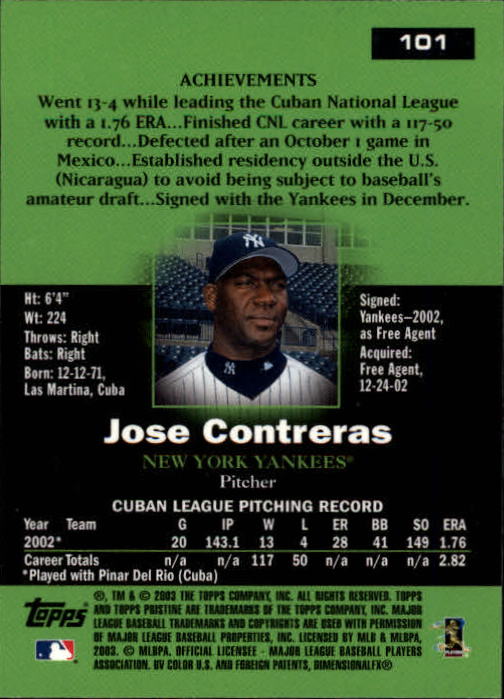 2003 Topps Pristine #101 Jose Contreras C RC back image