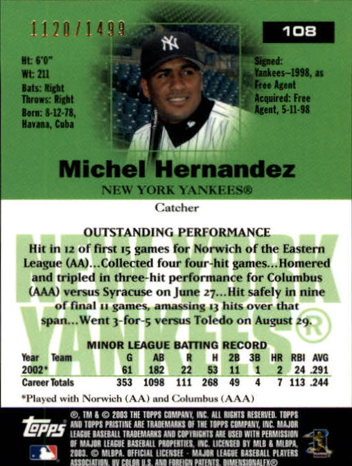 2003 Topps Pristine #108 Michel Hernandez U back image