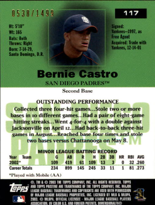 2003 Topps Pristine #117 Bernie Castro U back image