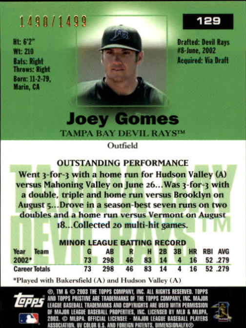2003 Topps Pristine #129 Joey Gomes U back image
